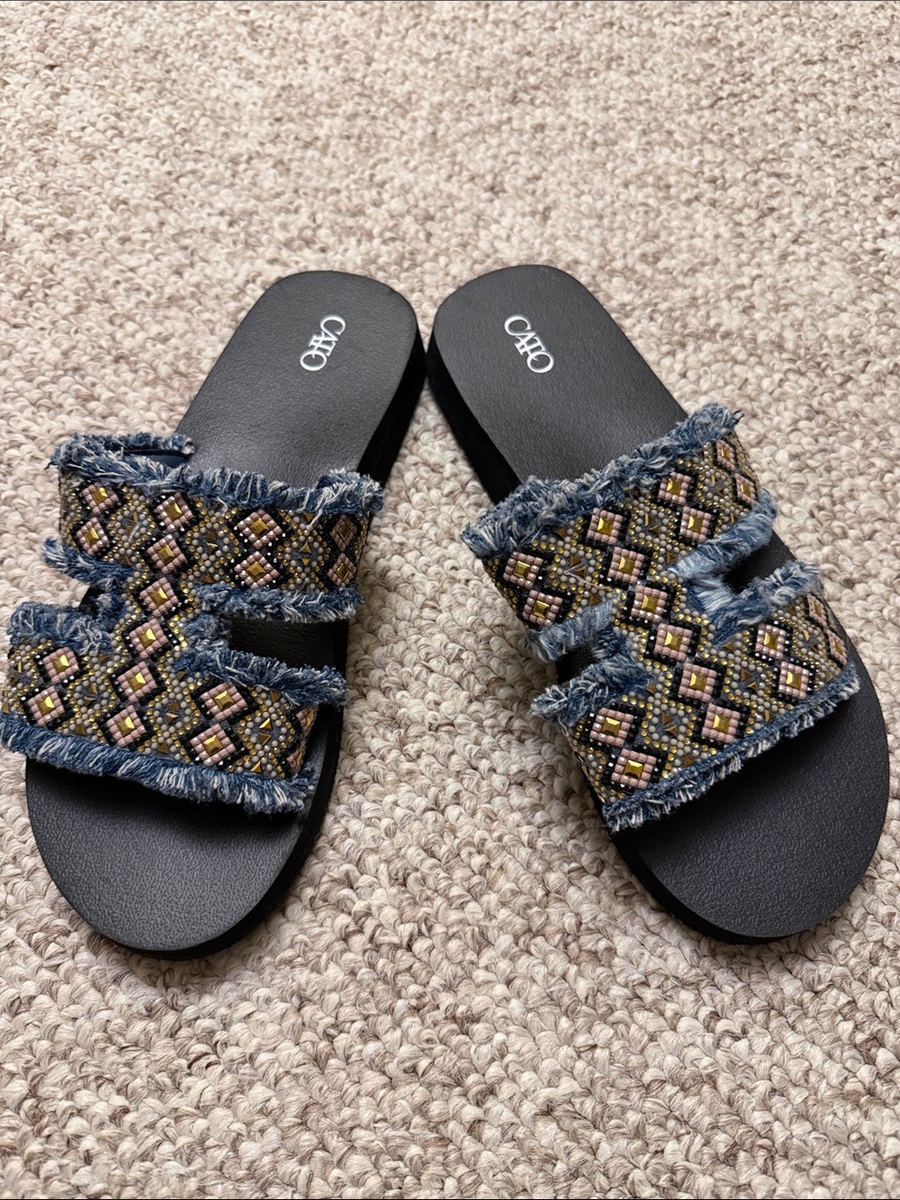 Cato Denim Fringe Beaded Slide Sandals in Black and Blue
